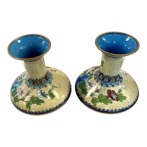 Antique Chinese Zi Jin Chen Yellow Floral Cloisonne Vases - a Pair