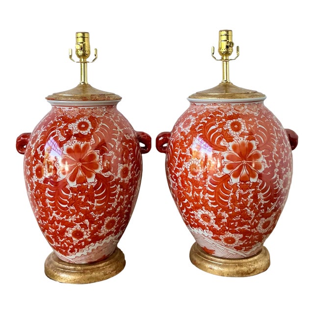 Vintage Boho Floral Glazed Ceramic Lamps - A Pair For Sale