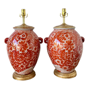 Vintage Boho Floral Glazed Ceramic Lamps - A Pair