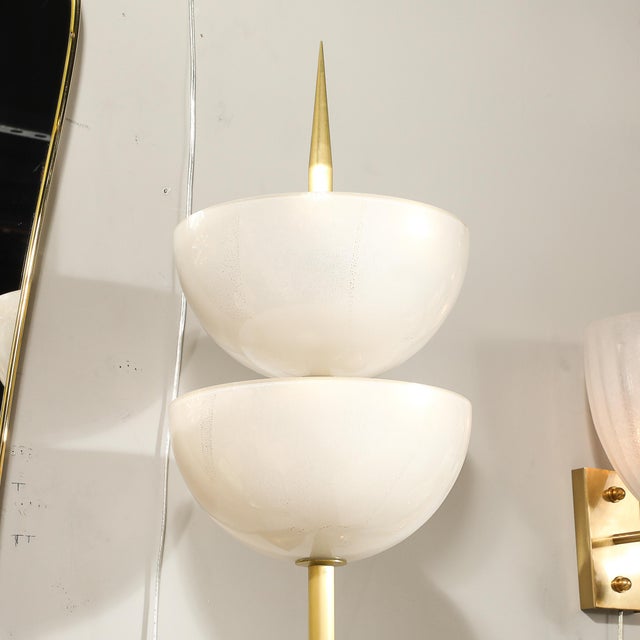 Modernist Hand-Blown Murano Glass Reverse Dome Form Brushed Brass Sconces For Sale - Image 9 of 18