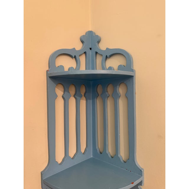 Mid-20th Century Chippendale Style Gingerbread Fretwork Corner Shelf With Distressed Blue Patina For Sale - Image 6 of 10