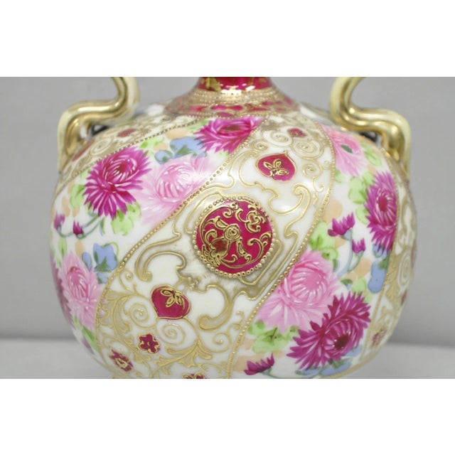 Antique Nippon Moriage Porcelain Twin Handle Ball Vase W/ Hand Painted Roses (B) For Sale - Image 10 of 15