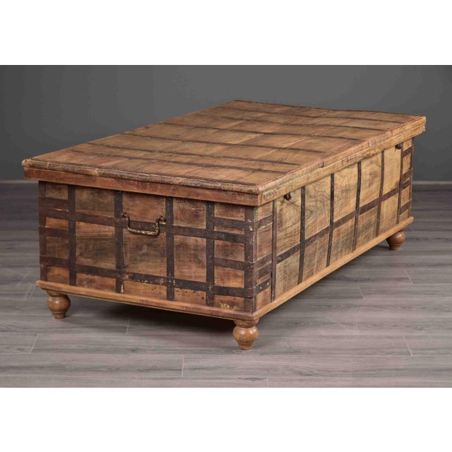 19th Century Large Anglo-Raj Iron-Bound Teak Trunk Table With Hinged Lid For Sale In Detroit - Image 6 of 12