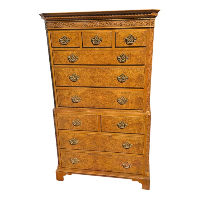 1970s Traditional Baker Burl Wood Highboy 10 Drawer Dresser For Sale