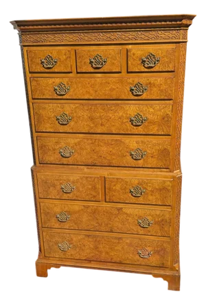 1970s Traditional Baker Burl Wood Highboy 10 Drawer Dresser