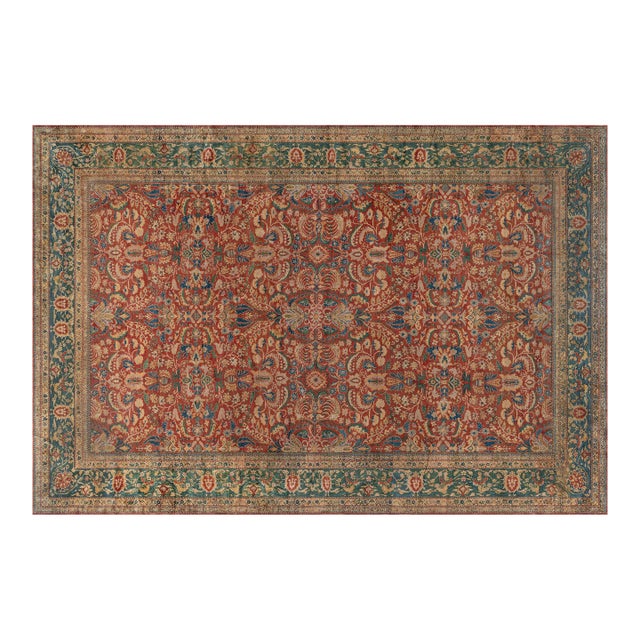Authentic Indian Red, Blue Botanic Handmade Wool Rug For Sale