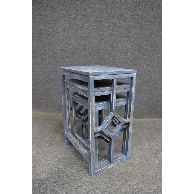 Distressed Blue Graduated Nesting Tables With Geometric Open Base – Set of 3 For Sale - Image 11 of 11