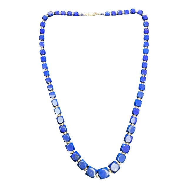 Mid 20th Century 14k Gold Beaded Necklace With Blue Lapis Lazuli Stones 24 Inches For Sale