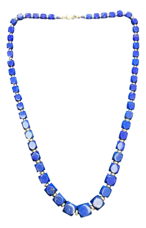 Mid 20th Century 14k Gold Beaded Necklace With Blue Lapis Lazuli Stones 24 Inches