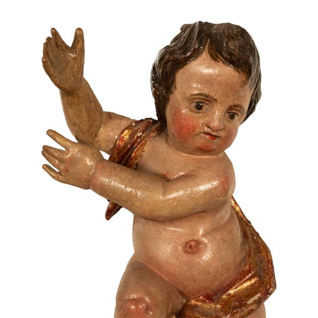 Pair Antique 18thC Italian Baroque Carved Polychrome Putti Angels Statues 1700 For Sale - Image 9 of 13