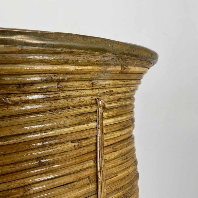 Gold Bauhaus Rattan and Brass Umbrella Stand in the style of Aubock, France, 1960s For Sale - Image 8 of 18