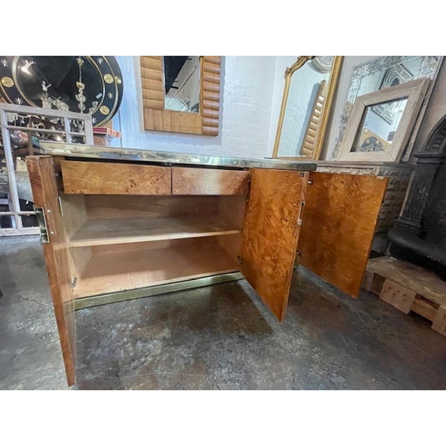 Brown Italian Burl Walnut and Brass Credenza After Pierre Cardin For Sale - Image 8 of 8