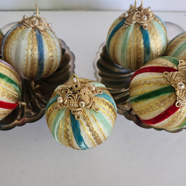 Vintage Set of 7 Ribbon Beads Christmas Ornaments Greens, Reds, Blues For Sale - Image 4 of 5