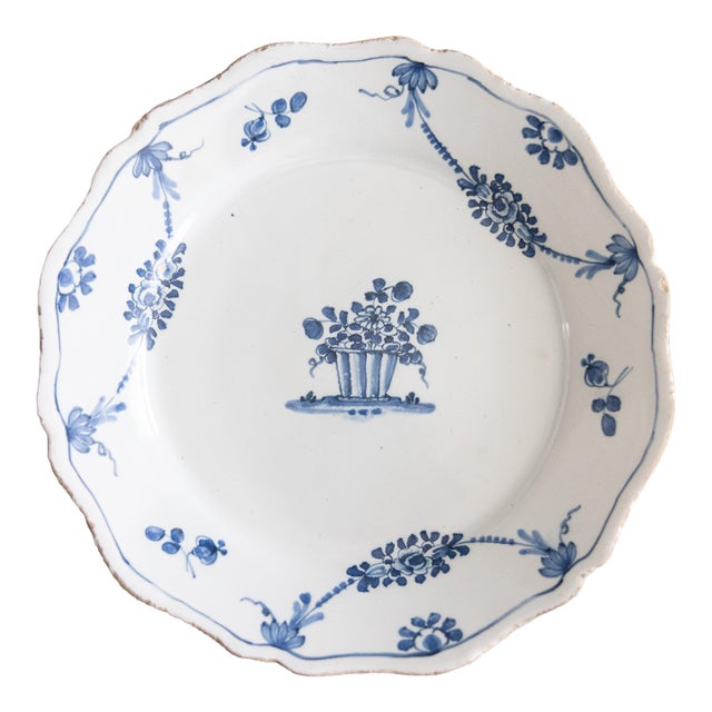 18th Century French Nevers Faience Blue & White Faience Scalloped Floral Plate For Sale