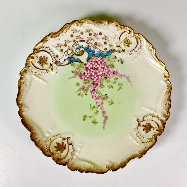 Ceramic Late 1900s Antique French Victorian Hollywood Regency Limoges Pink Wisteria Dessert Plates and Platter - Set of 7 For Sale - Image 7 of 12