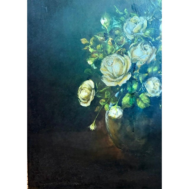 Large Early Floral Still Life Oil Painting - Yellow Roses For Sale - Image 4 of 8