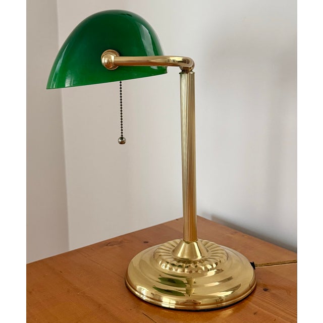 Green Mid 20th Century Art Deco Emeraldite Shade Brass Banker Lamp With Ball Pull For Sale - Image 8 of 11