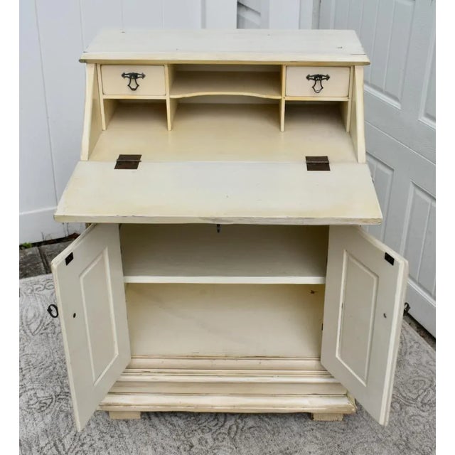 Wood Slant Front Secretary Desk 1970s Venetian Style Distressed White For Sale - Image 7 of 12