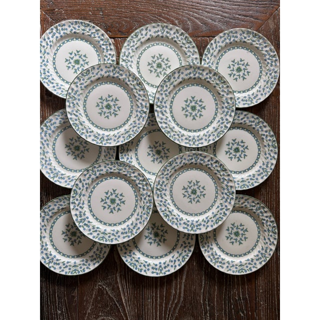 A charming set of thirteen vintage Aynsley fine English bone china plates in the Forget Me Not pattern. Delicate blue...