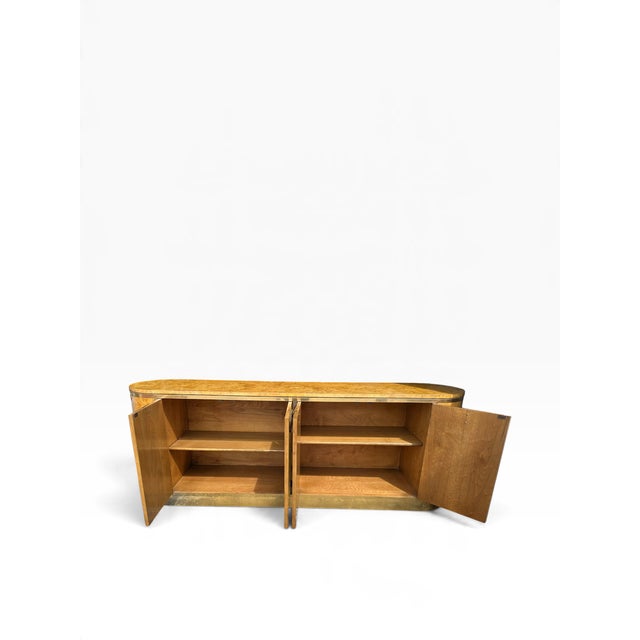 Wood 1970s Hollywood Regency Burlwood Racetrack Credenza With Brass Trim, Attributed to Mastercraft For Sale - Image 7 of 8