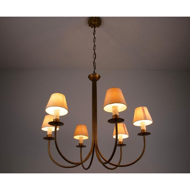 Metal Large Brass Six-Arm Chandelier with Fabric Shades, Germany, 1970s For Sale - Image 7 of 10