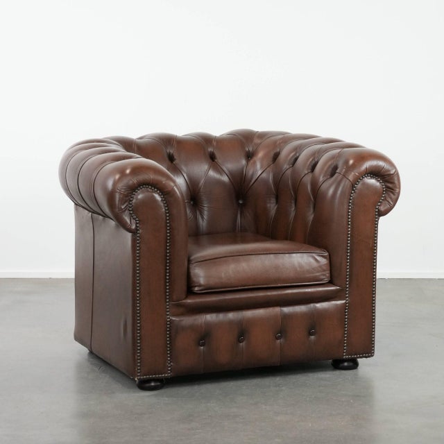 English Chesterfield Brown Cowhide Club Armchair For Sale - Image 16 of 16