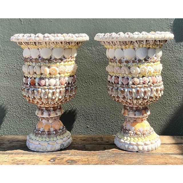 Ivory Vintage Shell Encrusted Resin Urns - A Pair For Sale - Image 8 of 12