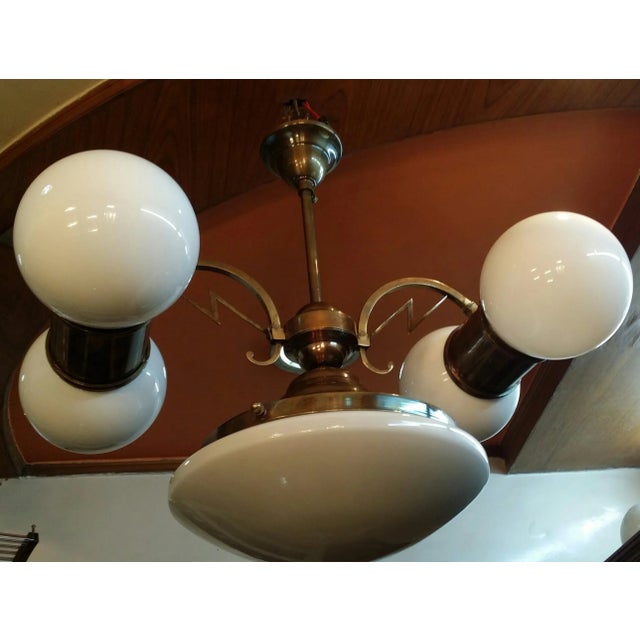 1940s Vintage Art Deco Brass Chandelier in Milk Glass Shade Lamp For Sale - Image 6 of 7