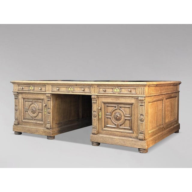 Large Antique French Oak Partners Desk, 1860 For Sale - Image 11 of 11
