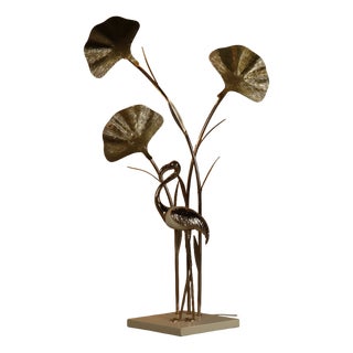 Large Brass Flamingo Floor Lamp with Sculptural Ginkgo Leaves, Italy, 1970s For Sale