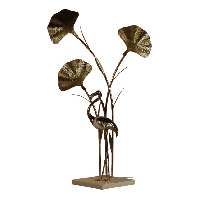 Large Brass Flamingo Floor Lamp with Sculptural Ginkgo Leaves, Italy, 1970s For Sale