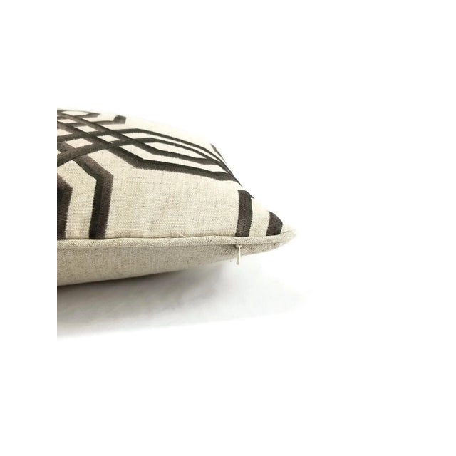 Contemporary Brown Embroidered Geometric Design on Linen and Self-Welt Lumbar Pillow Cover - 14" X 20" For Sale - Image 3 of 6