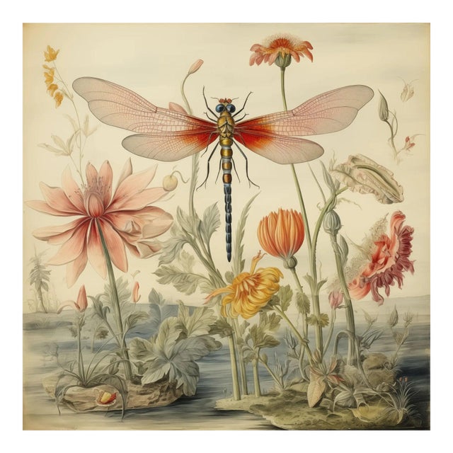 "Dragonfly and Flowers" No. 3 - Hortus Floridus Style Botanical Fine Art Print For Sale