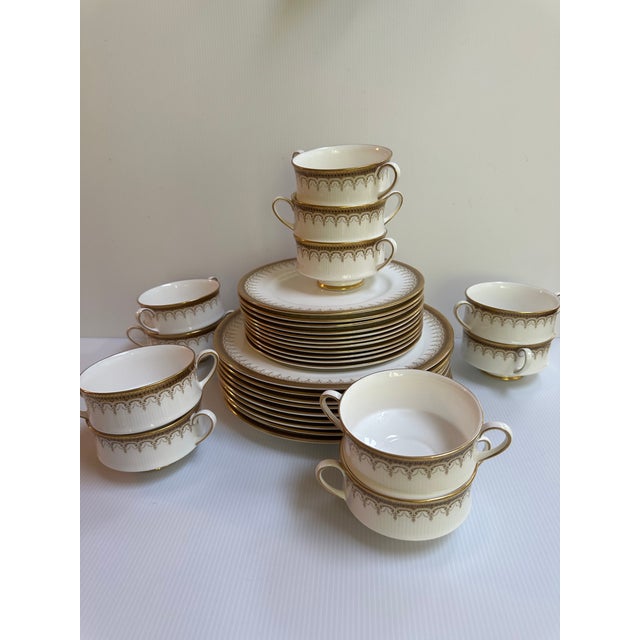 Ceramic 1990s Paragon"ATHENA" Pattern 31pc Dinner Set White and Gold Colors With Banded Border Gold Scrollwork For Sale - Image 7 of 16