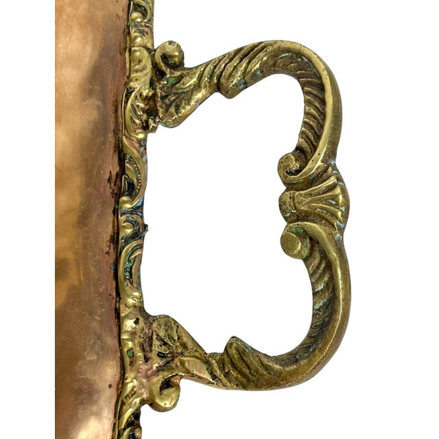 Vintage French Provincial Brass and Copper Two Handle Serving Cocktail Tray For Sale - Image 6 of 18