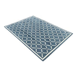 Handmade Cotton Rug, Contemporary Slate Gray & Cream Diamond Pattern Dhurrie - 9'x12' For Sale