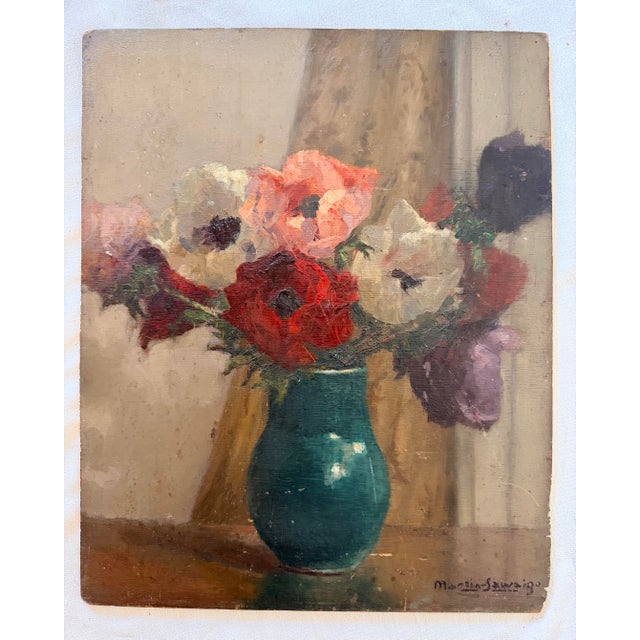Bouquet of Anemones, Oil Painting on Panel, Signed Charles Martin-Sauvaigo 1966 For Sale - Image 9 of 12