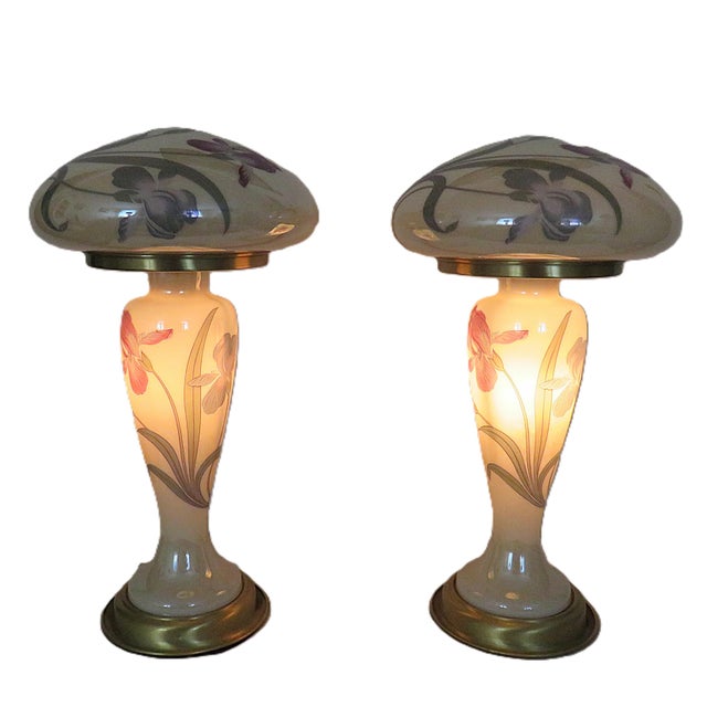 Mid-Century Modern Mid 20th Century Art Deco Stye Mushroom Table Lamps With Irises - a Pair For Sale - Image 3 of 7