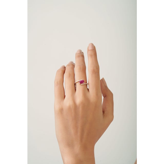 Ruby Red 1.25ct Emerald Cut Prong Set Red Ruby Diamond Bypass Ring Size 9 in 14k Gold For Sale - Image 8 of 17