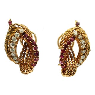 Vintage Cherny Diamond and Ruby 18k Gold Sculptural Earrings, A Pair For Sale