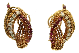Vintage Cherny Diamond and Ruby 18k Gold Sculptural Earrings, A Pair