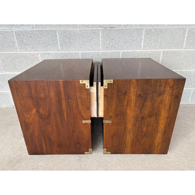 Mid 20th Century Mid 20th Century Lane Furniture Campaign Style 2 Drawer Walnut Nightstands - A Pair For Sale - Image 5 of 12
