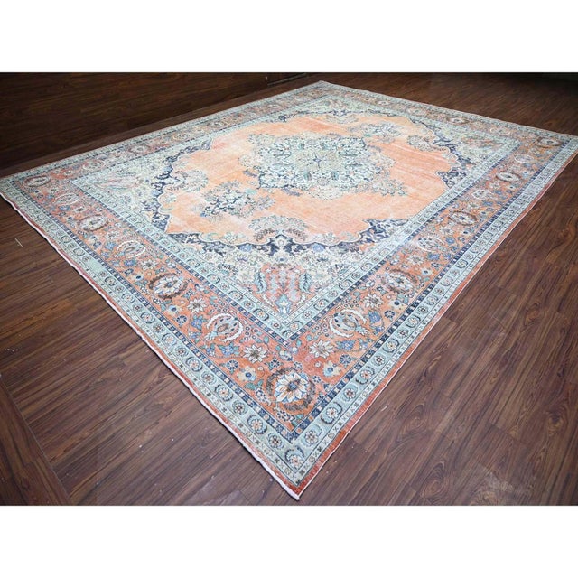 Textile 1960 12'2"x15'2" Orange Pure Wool Hand Knotted Vintage Tabriz Oversized Oriental Rug For Sale - Image 7 of 12