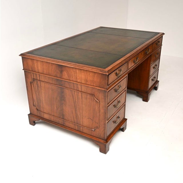 Vintage Georgian Style Pedestal Desk with Leather Top, 1930 For Sale - Image 4 of 11