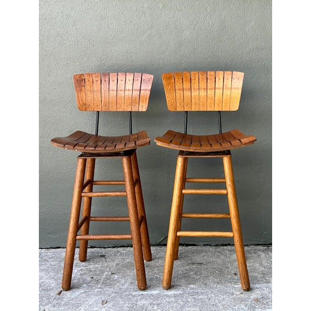 Camel MCM Slat Back Bar Stools After Arthur Umanoff - Pair For Sale - Image 8 of 12