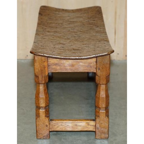 Burr Oak Stool with Curved Top by Robert Mouseman Thompson, 1930s For Sale - Image 15 of 18