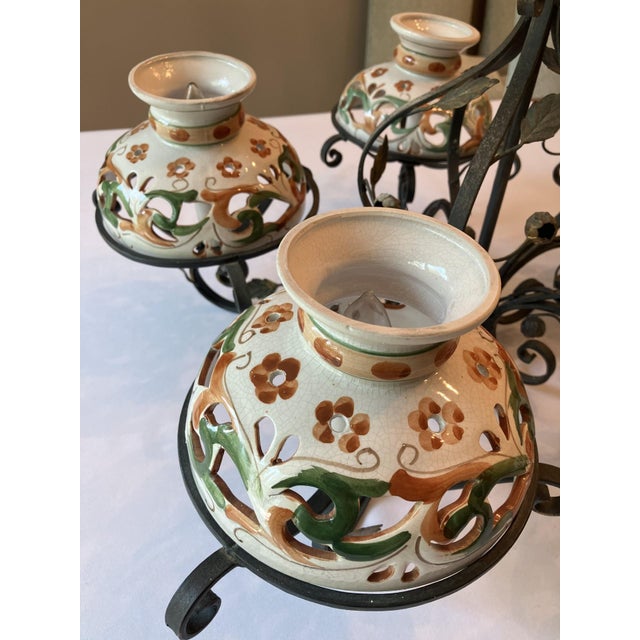 Wrought Iron Chandelier With Italianate Ceramic Candle Covers For Sale - Image 4 of 9