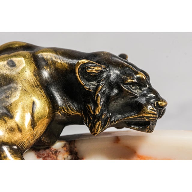 Art Deco Incredible Art Deco Antique Bronze Panther Marble Catchall Art Sculpture Statue For Sale - Image 3 of 15