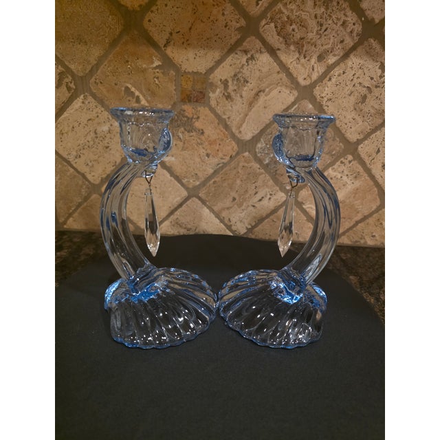 1930-1940s Art Deco Cambridge Glass Caprice Moonlight Blue Shell Candlestick Holders, in excellent condition, no chips,...