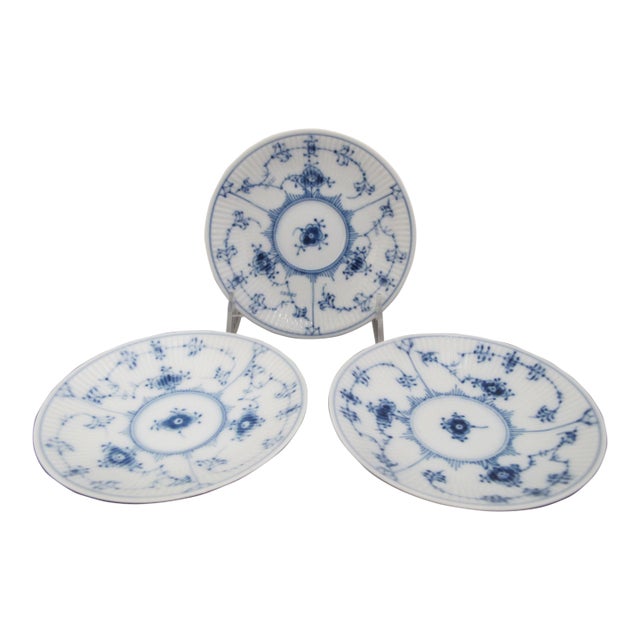 Royal Copenhagen Denmark 2162 Plain Blue Fluted Saucer Plate Set of 3 For Sale